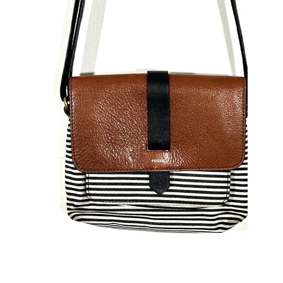 Fossil Kinley Leather Fabric Small Crossbody Bag Striped Handbag Purse Womens - Picture 1 of 9